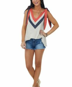SugarFox Oatmeal Chevron Colorblock Tie Strap V Neck Top Tops
