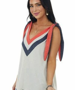 SugarFox Oatmeal Chevron Colorblock Tie Strap V Neck Top Tops