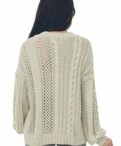 Prete Brands Oatmeal Distressed Cable Knit V Neck Sweater Tops