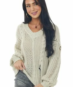 Prete Brands Oatmeal Distressed Cable Knit V Neck Sweater Tops