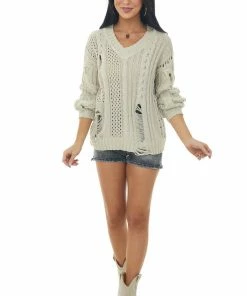Prete Brands Oatmeal Distressed Cable Knit V Neck Sweater Tops