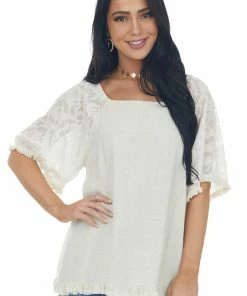 Umgee Oatmeal Floral Textured Mesh Sleeve Blouse