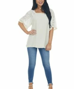 Umgee Oatmeal Floral Textured Mesh Sleeve Blouse