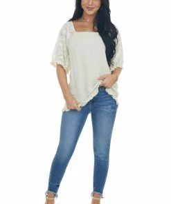 Umgee Oatmeal Floral Textured Mesh Sleeve Blouse