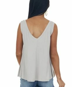 Davi & Dani Tops Oatmeal Henley Flowy Ribbed Knit Tank Top
