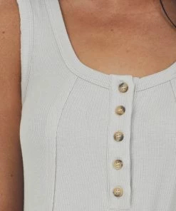Davi & Dani Tops Oatmeal Henley Flowy Ribbed Knit Tank Top