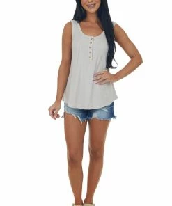 Davi & Dani Tops Oatmeal Henley Flowy Ribbed Knit Tank Top