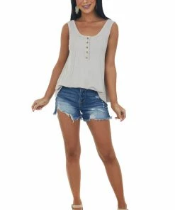 Davi & Dani Tops Oatmeal Henley Flowy Ribbed Knit Tank Top