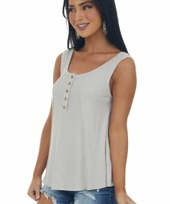 Davi & Dani Tops Oatmeal Henley Flowy Ribbed Knit Tank Top
