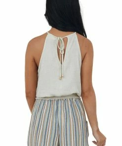 Allie Rose Tops Oatmeal Smocked Hem Linen Halter Tank Top