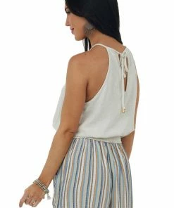 Allie Rose Tops Oatmeal Smocked Hem Linen Halter Tank Top