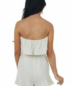 Allie Rose Dresses Oatmeal Strapless Ruffle Romper With Belt Tie 12 Allie Rose Dresses Oatmeal Strapless Ruffle Romper With Belt Tie