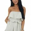 Allie Rose Dresses Oatmeal Strapless Ruffle Romper With Belt Tie