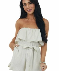 Allie Rose Dresses Oatmeal Strapless Ruffle Romper With Belt Tie