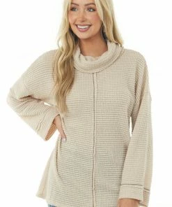 BiBi Oatmeal Waffle Knit Long Sleeve Top With Cowl Neckline