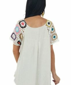 Umgee Oatmeal Woven Top With Multicolor Crochet Sleeves Tops