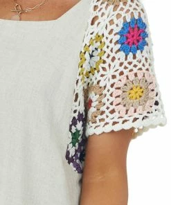 Umgee Oatmeal Woven Top With Multicolor Crochet Sleeves Tops