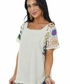 Umgee Oatmeal Woven Top With Multicolor Crochet Sleeves Tops