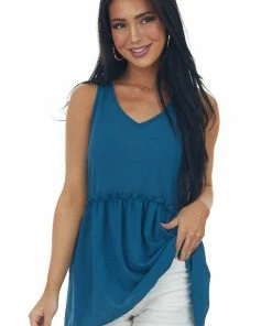 Haptics Ocean Frilled Drop Waist V Neck Woven Tank Top Tops