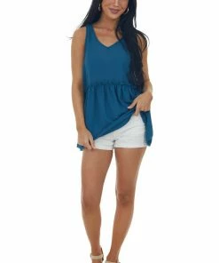 Haptics Ocean Frilled Drop Waist V Neck Woven Tank Top Tops