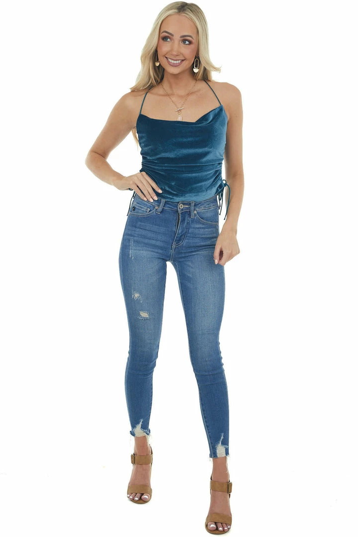 She + Sky Tops Ocean Halter Cowl Neck Open Back Velvet Tank 7 She + Sky Tops Ocean Halter Cowl Neck Open Back Velvet Tank