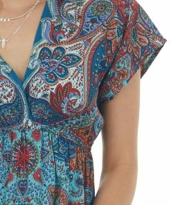 ANGIE Ocean Paisley Print Kimono Sleeve Short Dress Dresses