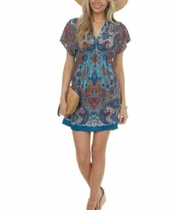 ANGIE Ocean Paisley Print Kimono Sleeve Short Dress Dresses