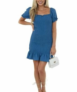 BiBi Dresses Ocean Puff Sleeve Smocked Bodycon Mini Dress