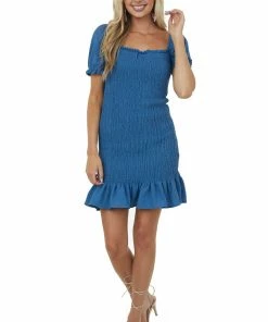 BiBi Dresses Ocean Puff Sleeve Smocked Bodycon Mini Dress