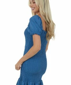 BiBi Dresses Ocean Puff Sleeve Smocked Bodycon Mini Dress
