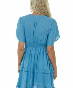 Umgee Ocean V Neck Tiered Handkerchief Hem Dress Dresses