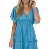 Umgee Ocean V Neck Tiered Handkerchief Hem Dress Dresses