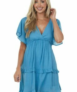 Umgee Ocean V Neck Tiered Handkerchief Hem Dress Dresses