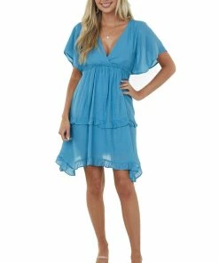 Umgee Ocean V Neck Tiered Handkerchief Hem Dress Dresses