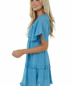 Umgee Ocean V Neck Tiered Handkerchief Hem Dress Dresses