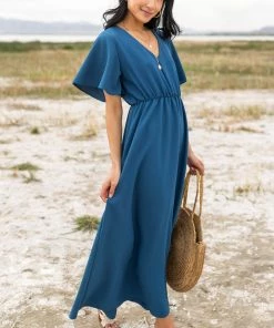 Haptics Dresses Ocean Cinch Waist Flutter Sleeve Maxi Dress