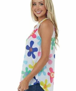 BiBi Off White Abstract Floral Halter Neck Knit Tank Tops