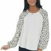 Umgee Tops Off White Animal Print Bubble Sleeve Linen Top