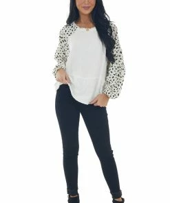 Umgee Tops Off White Animal Print Bubble Sleeve Linen Top