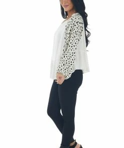 Umgee Tops Off White Animal Print Bubble Sleeve Linen Top