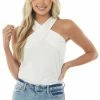 BiBi Off White Criss Cross Neck Ribbed Knit Top