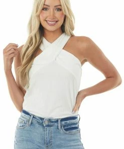 BiBi Off White Criss Cross Neck Ribbed Knit Top