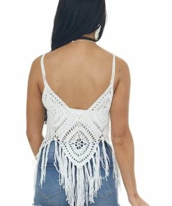 143 Story Tops Off White Crochet Lace Fringe Sleeveless Top
