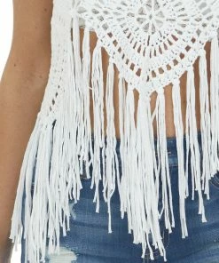 143 Story Tops Off White Crochet Lace Fringe Sleeveless Top