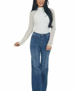 Aemi + Co Tops Off White Crochet Lace Long Sleeve Ribbed Top