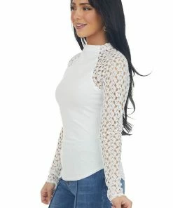Aemi + Co Tops Off White Crochet Lace Long Sleeve Ribbed Top