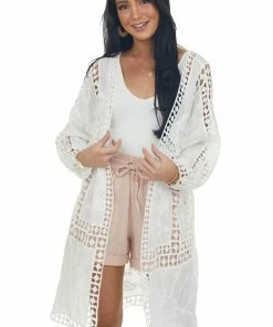 Davi & Dani Tops Off White Crochet Lace Open Front Kimono