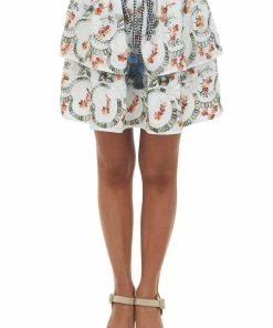 Sweet Lemon Off White Embroidered Floral Tiered Mini Skirt