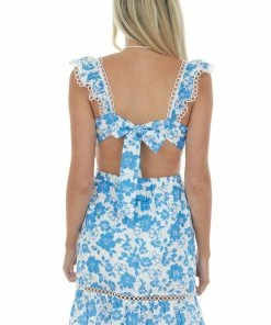 Sweet Lemon Dresses Off White Floral Print Lace Trim Short Dress