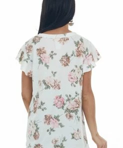 BiBi Tops Off White Floral Print Lace Yoke Knit Top